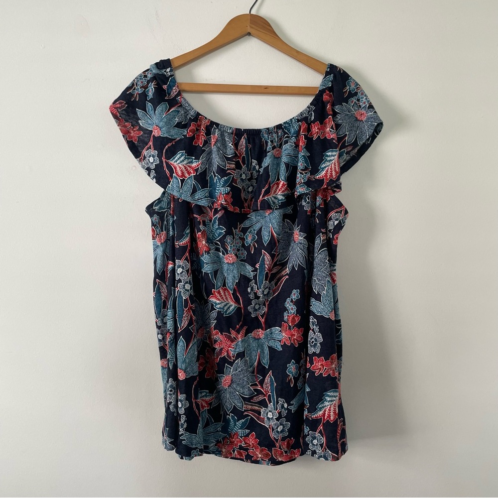 J. Jill Love Linen Navy Blue and Red Off Shoulder Flowy Blouse Top Size XL